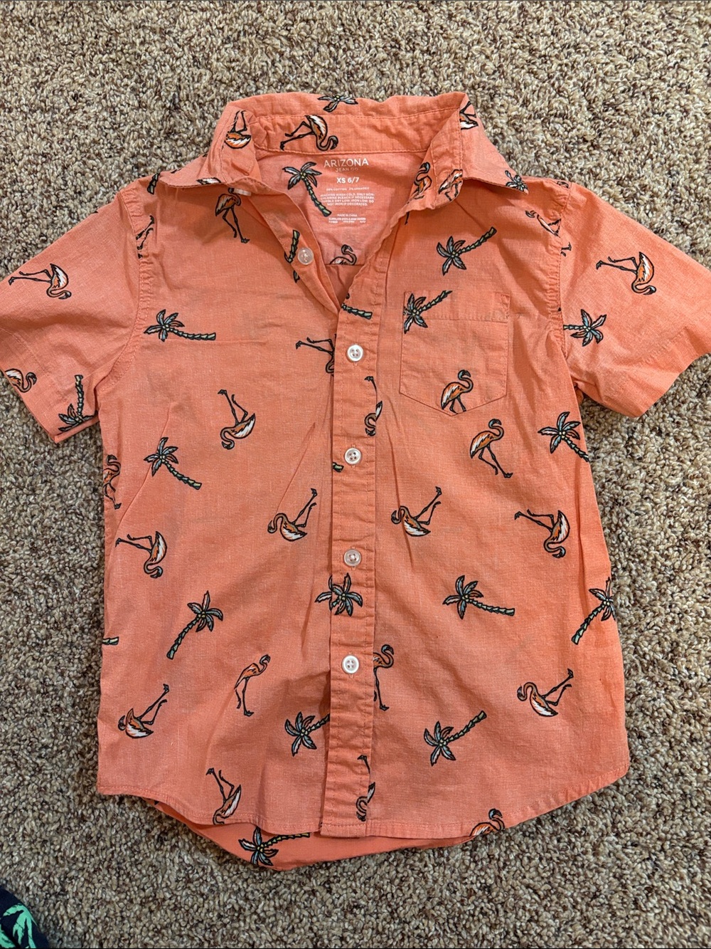 Arizona Jean Company Coral Short-Sleeve Flamingo & Palm Button-Down